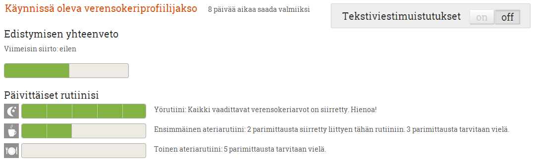 Voit aloittaa verensokeriprofiilijakson joko suoraan käyttäjätunnuksen luomisen yhteydessä tai milloin vain klikkaamalla Aloita nyt -painiketta Verensokeriprofiili-näkymässä (pääset tähän näkymään