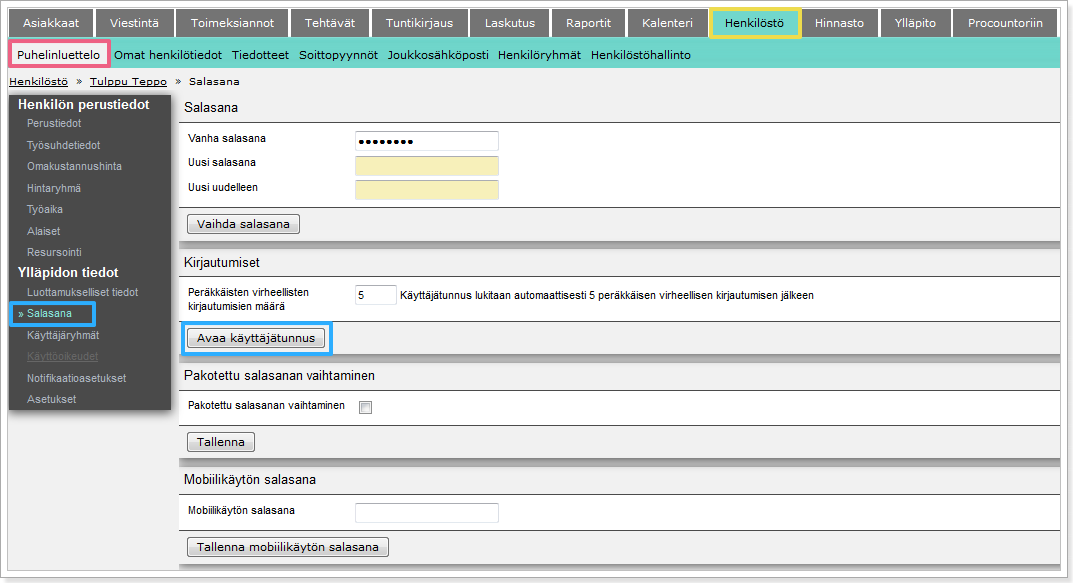 Sivu 76(85) Tilitoimiston pääkäyttäjä pääsee vapauttaman tunnuksen kohdassa Henkilöstö Puhelinluettelo avaamalla kyseisen henkilön tiedot ja valitsemaan tiedoista Salasana-välilehden.