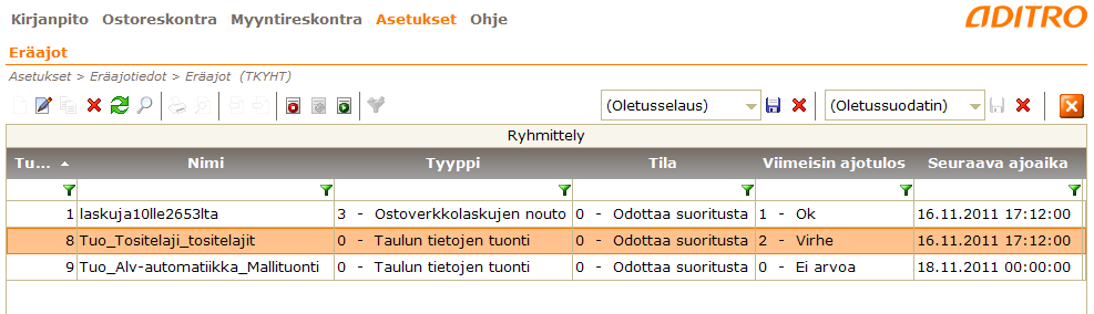 Maaliskuu 2012 59 (84) Eräajojen taulukkonäkymä ja työkalurivin toiminnot Eräajoihin liittyvät työkalurivin toiminnot Pysäytä työ