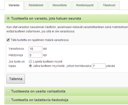 Kun tallennat tuotteen, siirryt sivulle, jossa voit asettaa tuotteelle varastoseurannan ja saldon.