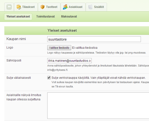 1 Perusasetukset Ensin määritellään verkkokaupan perustiedot kohdasta yleiset asetukset: Avautuvalla Yleiset asetukset -sivulla voit muokata kaupan nimeä, ladata logon ja kirjoittaa yhteystiedot,
