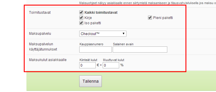 4 Valitse maksupalveluksi Checkout ja lisää kauppiasnumerosi sekä salainen