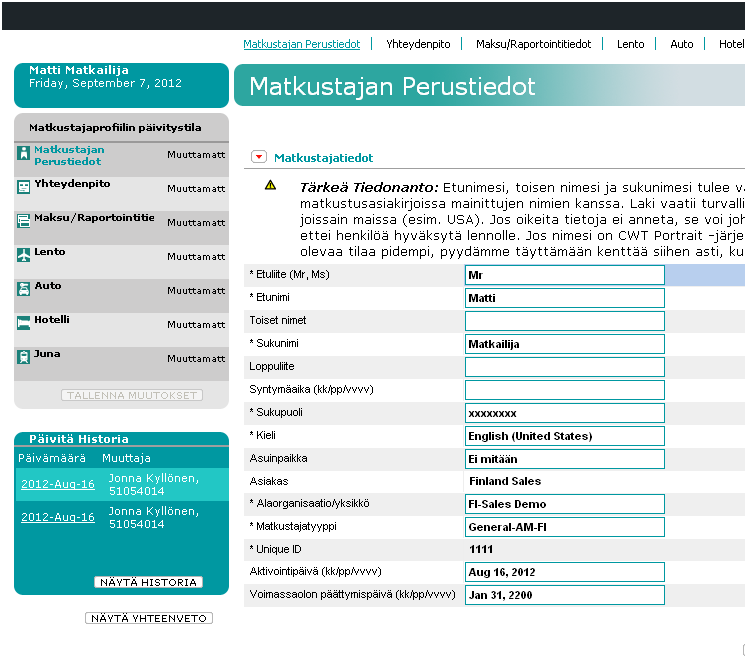 5.3 Matkustajan yksikön muuttaminen Valitse matkustaja listalta klikkaamalla ko.