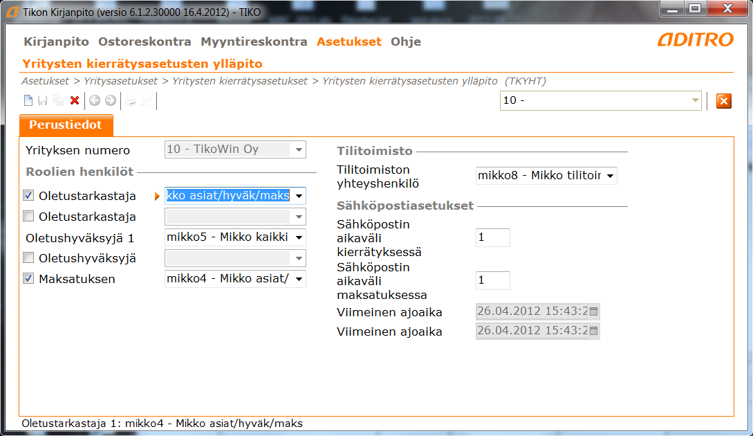 Lokakuu 2012 12 (24) 5.1. Esimerkki Yritykselle 1200 halutaan asettaa asiatarkastajaksi Timo A ja hyväksyjäksi Raija H. Pekka J halutaan valita maksatuksen hoitajaksi.