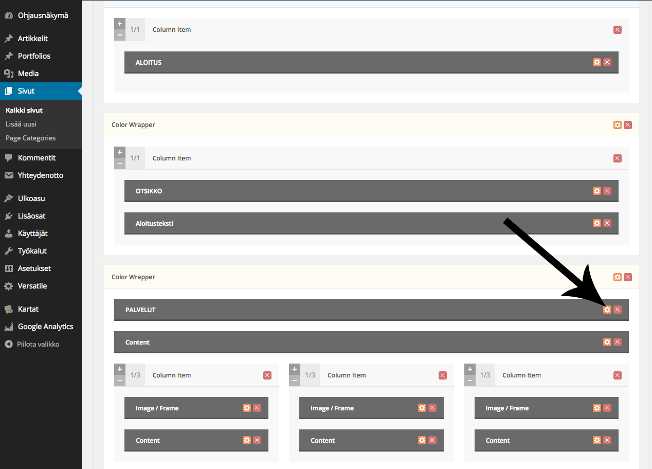 PAGE BUILDER -SIVUN Joissain tapauksissa sivun rakentamiseen on käytetty Page Builder -työkalua. Tällöin sivun tekstien ja kuvien muokkaamiseen pääset käsiksi kohdasta: Page Builder Section. 1.
