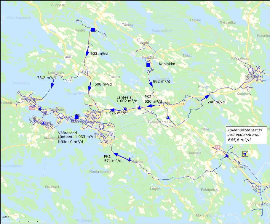 FCG SUUNNITTELU JA TEKNIIKKA OY Raportti 8 (16) jon, että Vääräsaaren pintavesilaitoksen veden valmistus voidaan viikonvaihteen ajaksi pysäyttää. Kuva 4. Veden tuotanto ja virtaamat.