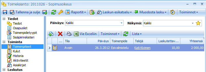 (53/118) Toimeksiannon kautta toimenpidettä syötettäessä alustuu toimenpiteelle Toimeksianto tieto valmiiksi, samoin Asiakas tieto. Toimeksianto tieto on kuitenkin vaihdettavissa Toimenpide ikkunassa.