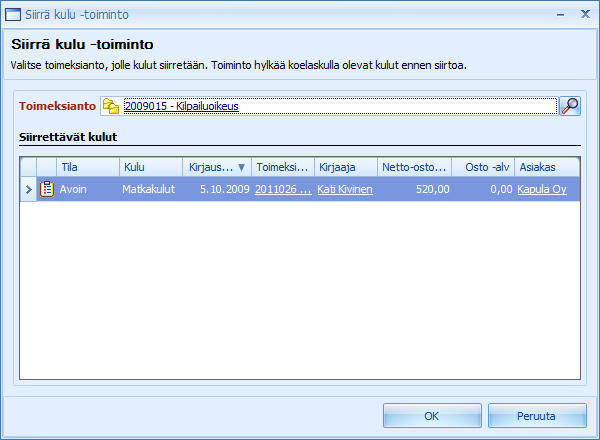 (57/118) Kun Toimeksianto kohtaan on valittu se toimeksianto, johon kirjaukset halutaan siirtää, valitaan OK. Tämän jälkeen aukea Yhteenveto ikkuna, kuten kirjauksia kopioidessakin.