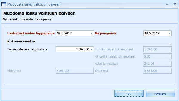 (61/118) Jos lasku on valittu muodostettavaksi valittuun päivään, tulee laskulle mukaan kaikki avoimet toimenpiteet ja kulut, joiden tapahtumapäivä on sama tai aiempi kuin mikä Laskutuskauden