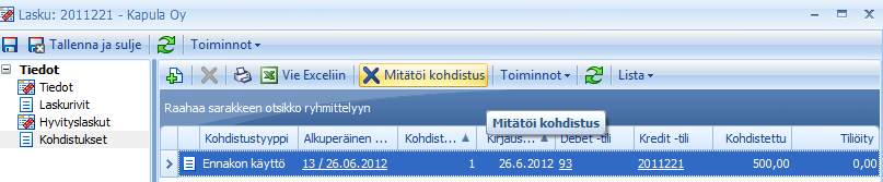 (87/118) 7.6.5 Ennakon käytön mitätöinti normaalilaskulta Ennakon käytön pystyy mitätöimään normaalilaskun ikkunassa Kohdistukset -alakansiossa.