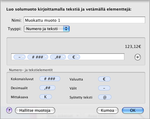 Muokattujen muotojen ikkuna aukeaa. Muotokenttä Vedä elementit muotokenttään.