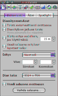 Asetukset-ikkuna Useimpia diaesityksen elementtejä voidaan muotoilla Keynote-asetuksilla. Kutkin asetukset huolehtivat muotoilun eri osa-alueesta.