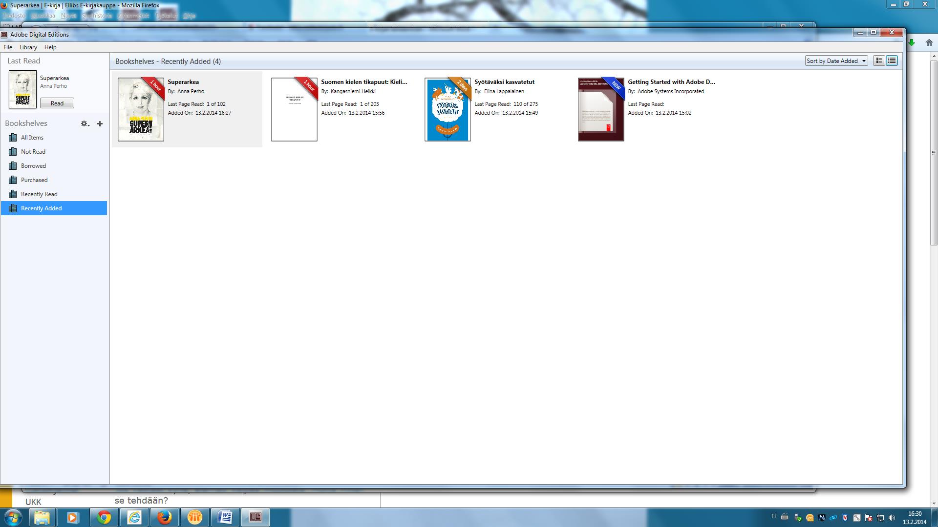 VOIT MYÖS AVATA SEN VALITSEMALLA ENSIN KIRJAN JA SITTEN FILE - READ ADOBE DIGITAL EDITIONS LUKUOHJELMAAN LAINAAMASI E-KIRJAKOKOELMA NÄKYY TÄLLAISENA (LIBRARY-NÄYTTÖ) SINULLA VOI OLLA USEITA E-KIRJOJA