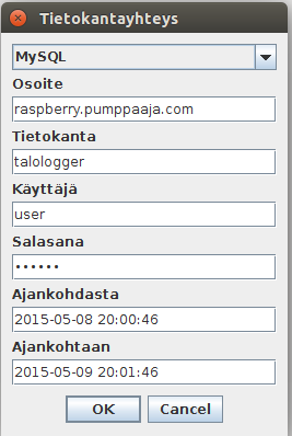 Painaessasi OK, haetaan lokitiedot tietokannasta. Ohjelma kertoo tilakentässään toiminnon tilan ja jos tietoja löytyi, päivittyvät yhteenvetonäkymän tiedot.