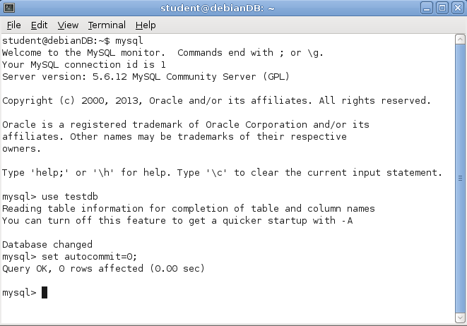 37 2.5 Samanaikaisuuden hands-on -harjoitukset Aloitetaan uusi mysql-istunto kuvan 2.10 mukaisesti: Kuva 2.10 MySQL user session initiation HARJOITUS 2.