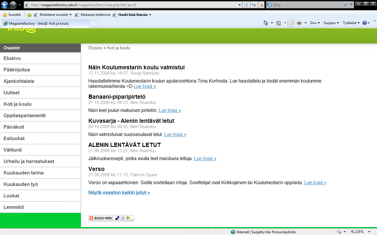 Kuvassa 2 on Koti- ja koulu -osaston sisältö (sivun osoite on http://magazinefactory.edu.fi/magazines/into/index.php?artcat=15).