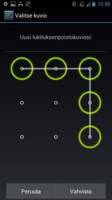joko 1234 tai 0000 (TNS Gallup 9/2007) lisäksi puhelinten omat suojaukset Androidin suojakuvio näkyy kilometrien päähän