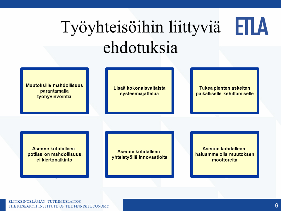 146 ETLA Raportit ETLA Reports No 12 Työhyvinvointi Keskustelussa todettiin, että ajattelevien, hyvinvoivien ja työnsä mielekkääksi kokevien ihmisten kautta syntyy into ja usko siihen, että asioita