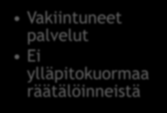 Pilven etuja Nopea käyttöönotto Infra on jo asennettu Itsepalvelu Online, vuorokauden ympäri Huolettomuus Laitehallinta ja ylläpito