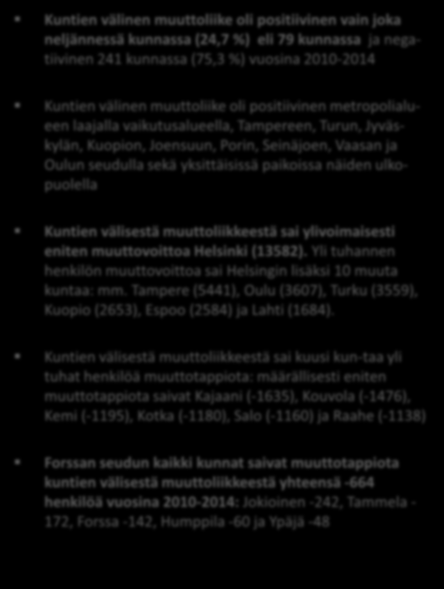 sekä yksittäisissä paikoissa näiden ulkopuolella Kuntien välisestä muuttoliikkeestä sai ylivoimaisesti eniten muuttovoittoa Helsinki (13582).