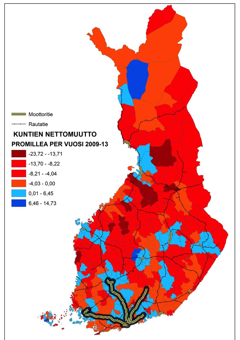 KUNTIEN NETTOMUUTON JA LIIKENNEKÄYTÄVIEN VÄLINEN YHTEYS Muuttovoittoa sai kuntien välisestä muuttoliikkeestä keskimäärin joka kolmas kunta (104/320) vuosina 2009-2013.