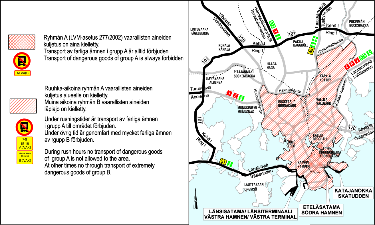 Vaarallisiksi aineiksi luokiteltavia aineita ei saa kuljettaa Helsingin keskustan