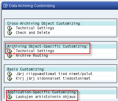 Arkistointiobjektin määritykset Sovelluksen määrityksissä määritetään suoja-ajat arkistoinnille. Teknisissä määrityksissä arkistopolut ja tiedostokoot.