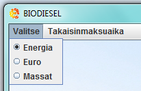 RUUTU-painike KUVA 2. RUUTU PAINIKE. Pääsivun energiantuotantomuodoissa biokaasun, biodieselin sekä maa- ja vesilämmön osalta laskennassa on määritetty tuotannon energiankulutus (sähkö ja lämpö).