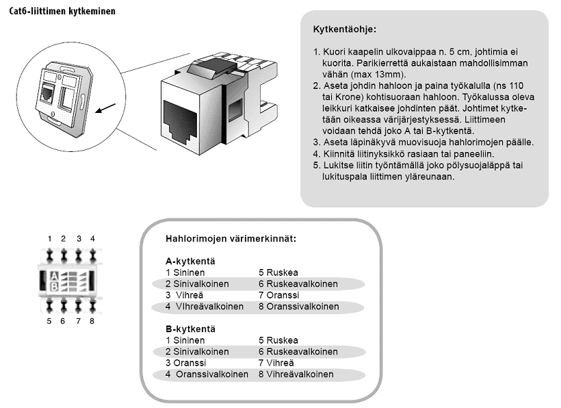 Cat 6 liittimen rakenne (kuva 8) 3.5 Koaksiaalikaapeli Koaksiaalikaapeli on periaatteessa kuin parikaapeli, mutta johdot ovat kaapelissa sisäkkäin.