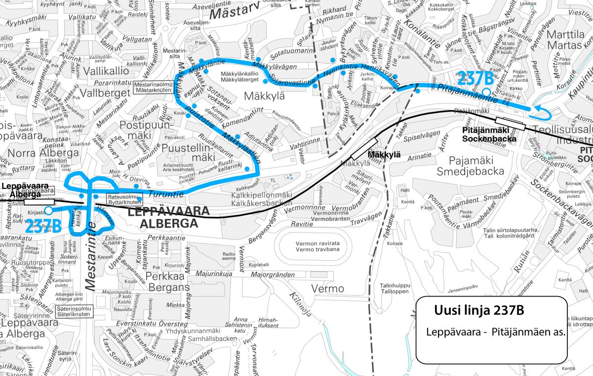 Kuva 18. Linjan 237 uusi reitti 10.8.2015 alkaen.