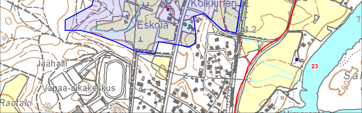 Apilanranta, vihreä neliö: pienasutus 24. Moisionmäki, punainen vahva viiva: Hiidentie 1730-luvun kartassa, punainen heikko viiva: kylätie 1730-luvun kartassa, Pohjakartta MML 2013.