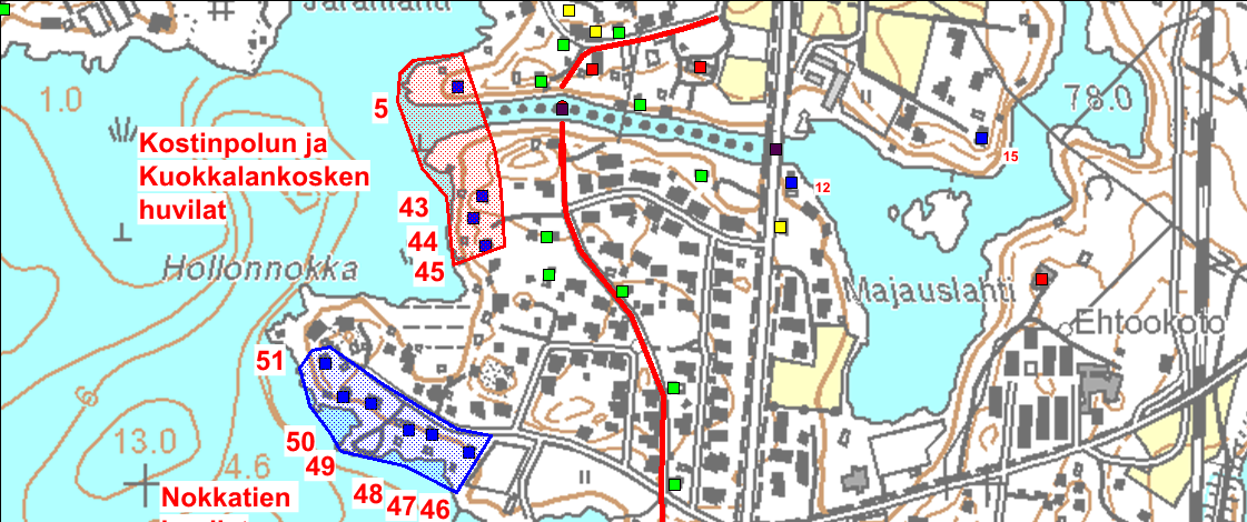 Kulttuuriympäristöpalvelut Ryhmäkylistä taajamaksi 93 (155) Hollon ja Pappilan huvila-alueet Kartta: Siniset neliöt= huvila- ja ranta-asutuksen kohteet Punainen ja sininen rasteri= arvoalueet I ja II