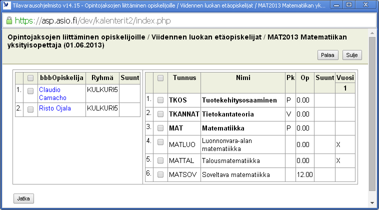 Opintojaksojen kiinnitys rakenteesta