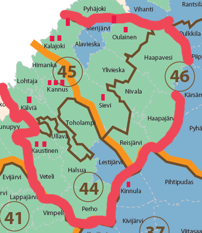 Liite 2. Yrityspilotointikohteet hankealueen kartalla Kuva. Yrityskartoituskohteet hankealueen kartalla. Yrityskartoituskohteet on merkitty punaisella merkillä ja merkinnät ovat suuntaa-antavia.