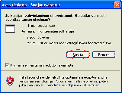 Valitse Tallenna tiedosto (Save) Tuplaklikkaa Session.exe:n kohdalla.