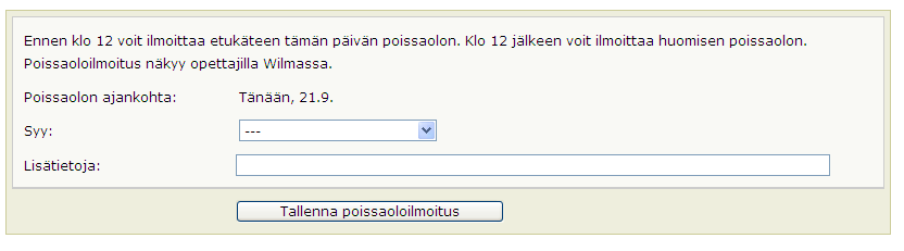 Kuva 14: Ilmoita poissaolosta Päivää pitemmät, etukäteen tiedetyt poissaolot