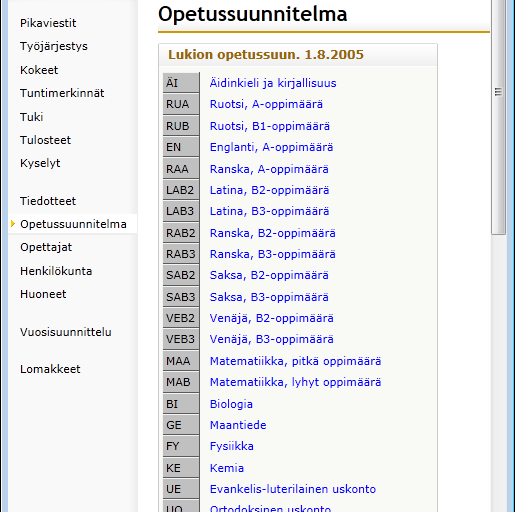 Opetussuunnitelma Opetussuunnitelma-toiminnossa näkyy hierarkkinen esitys oppilaalle valitusta opetussuunnitelmasta.