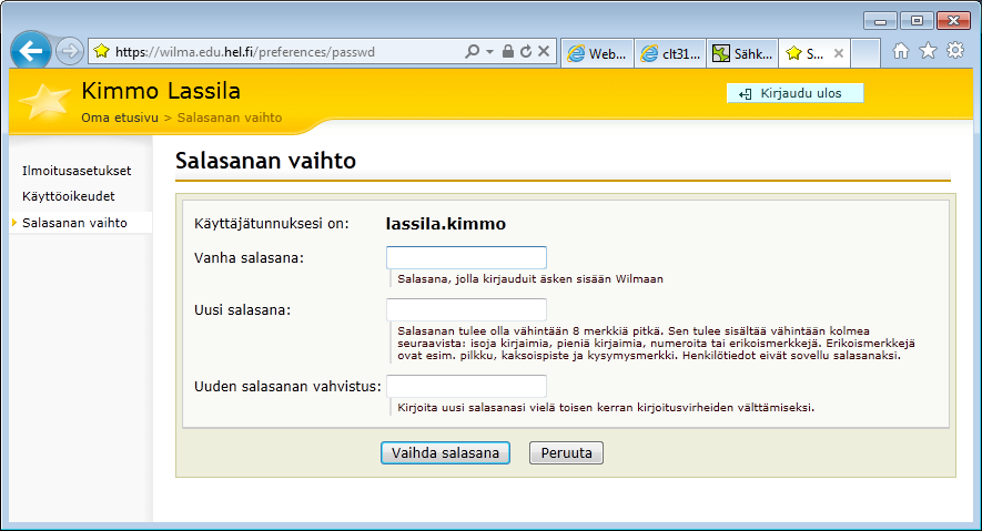 Kuva 7: Salasanan vaihto Roolin etusivu Kun käyttäjä klikkaa huollettavansa nimeä, päätyy hän ko. roolin etusivulle. Huollettavan nimi näkyy aina vasemmassa yläkulmassa.