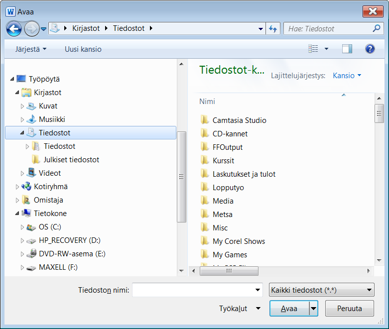 Word 2010 Perusteet s. 7/34 Tallenna nimellä -toiminnolla ja antamalla tiedostolle uusi nimi. Tiedoston voi samalla tallentaa myös eri kansioon tai eri levyasemalle. 5.