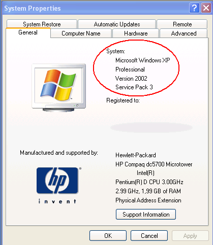2 o o 64-bittiselle versiolle System -otsakkeen alla: Windows XP Professional x64 Edition Version < Year/Vuosi >. 32-bit versiolle System -otsakkeen alla: Windows XP Professional Version <Year/Vuosi>.