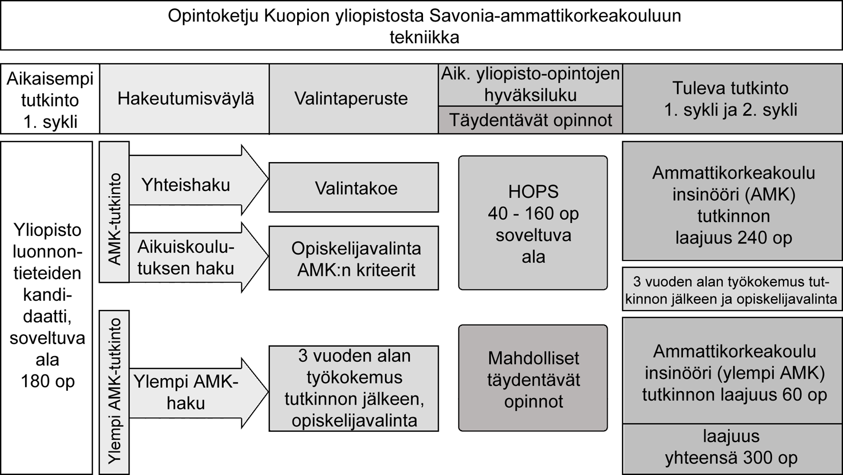 Kuva 3.5 Opintoketju Savonia-ammattikorkeakoulusta Kuopion yliopistoon luonnontieteiden, ympäristötieteiden ja informaatiotekniikan aloille. Kuva 3.