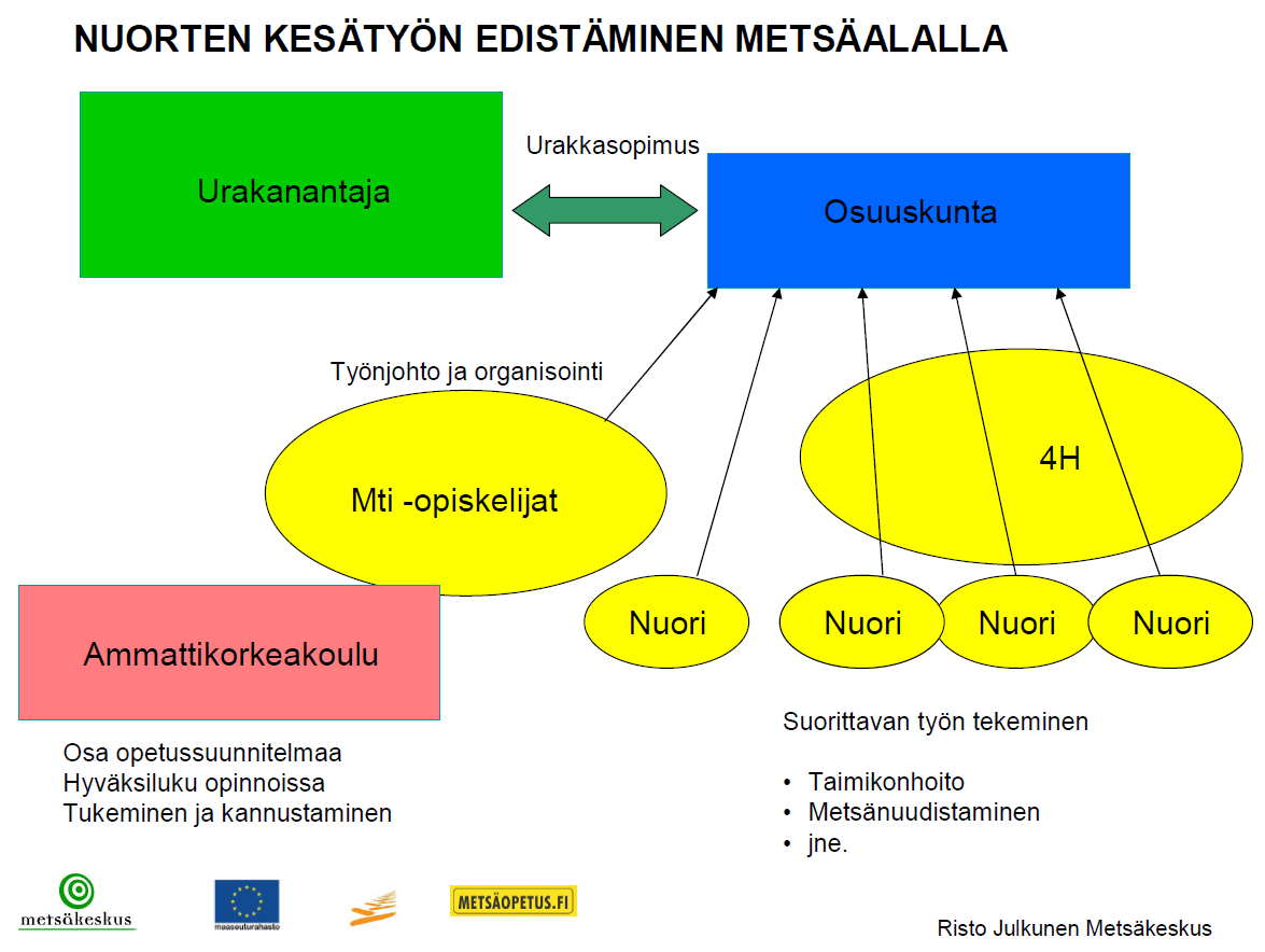 Kuva 4. Kaaviokuva nuorten metsäalan kesätyömallista. 4.9.5 Osa-aikaviljelijät Yksi hankkeen tavoitteista oli saada osa-aikaisia viljelijöitä metsäalan ammatteihin.