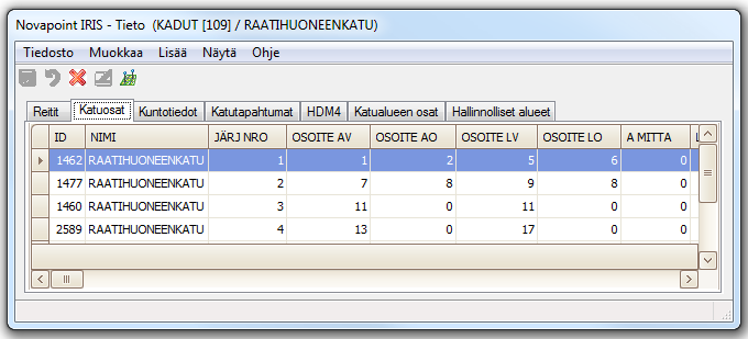 29 Kuva 4.5. IRIS-järjestelmän tietoikkuna. [36] Väylämoduulin tietoikkuna jakaantuu seitsemään välilehteen: Reitit, Katuosat, Katutapahtumat, HDM4, Katualueen osat ja Hallinnolliset alueet.