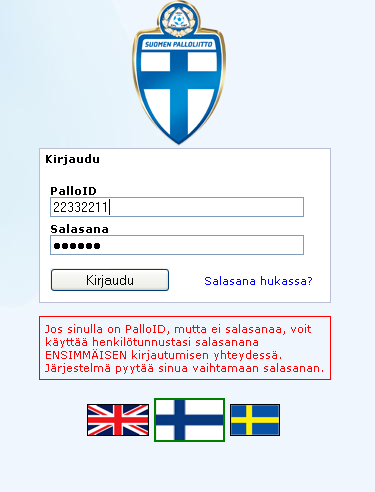 SISÄÄNKIRJAUTUMINEN Järjestelmään kirjaudutaan omalla Pallo ID:llä, joka löytyy mm.