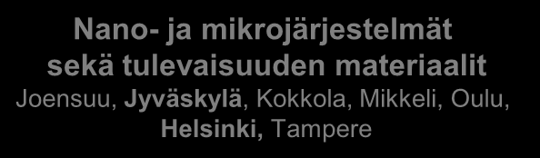 Jyväskylä, Kokkola, Mikkeli, Oulu, Helsinki, Tampere Tulevaisuuden energiateknologiat Joensuu, Jyväskylä, Vaasa, Pori ja Tampere Jokapaikan tietotekniikka Jyväskylä, Oulu, Pori, Helsinki, Tampere