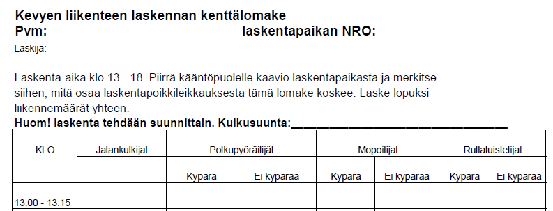 KUVA 8. Yleisesti käytetty kevyen liikenteen laskennan kenttälomake (Oulun seudun liikennetutkimus 2009.