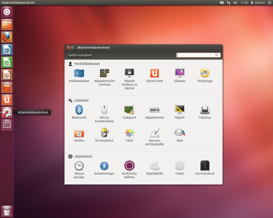 4. Asetukset ja ylläpito Ubuntun järjestelmänhallinta sekä asetusten muokkaaminen tapahtuu järjestelmäasetusten kautta (vaatii ylläpitäjätilin salasanan).