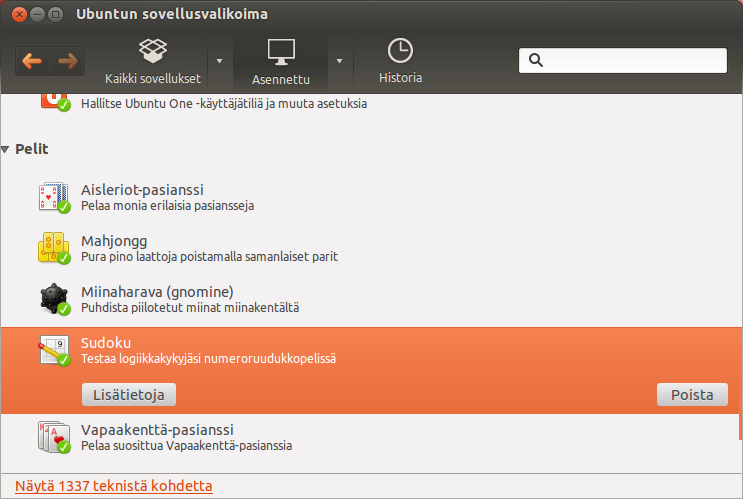 4.7. Ohjelmien poistaminen Ohjelmien poistaminen Ubuntussa tapahtuu samalla tavalla kuin Windowsissa. Avaa Ubuntun sovellusvalikoima (vaatii ylläpitäjätilin), asennettu näyttää asennetut ohjelmat.