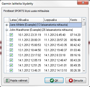 18 Kuva 15. Mittausten lataaminen Garmin-laitteesta. Garmin-mittaukset (FIT-tiedostot) voidaan ladata myös manuaalisesti Firstbeat SPORTS:iin valitsemalla Hae sykevälitiedosto Hae kiintolevyltä. 1.3.