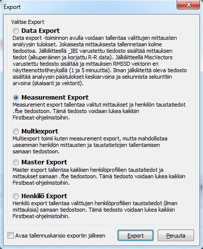 25 Kuva 21. Firstbeat SPORTS ohjelmistossa on viisi eri export toimintoa. 1.3.5.2 GPS Export GPS-mittausdatan sisältävistä mittausjaksoista voidaan tehdä GPS export.